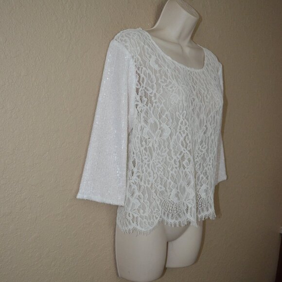 Sz 4 Loyd/Ford White Lace Top Contrast Sequin 3/4 Sleeve Blouse Top - Picture 3 of 7
